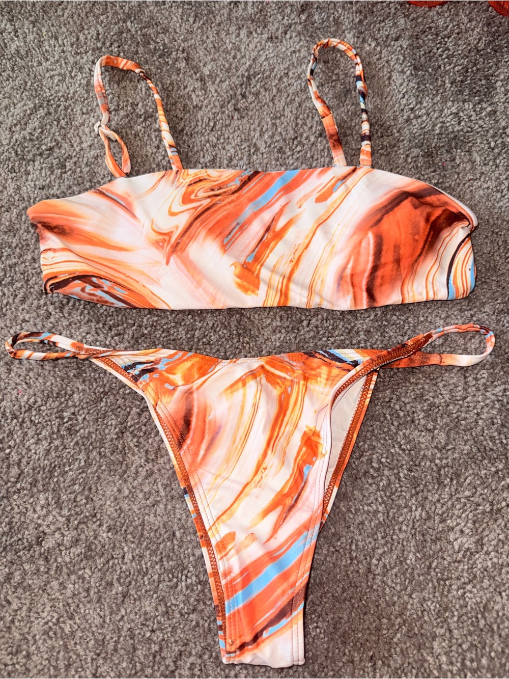 Rust Burnt Orange Marble Print Women’s Bikini Set w/ Removable straps & coverup